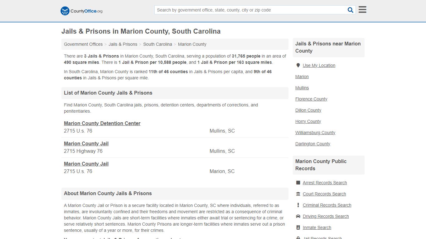 Jails & Prisons - Marion County, SC (Inmate Rosters & Records)